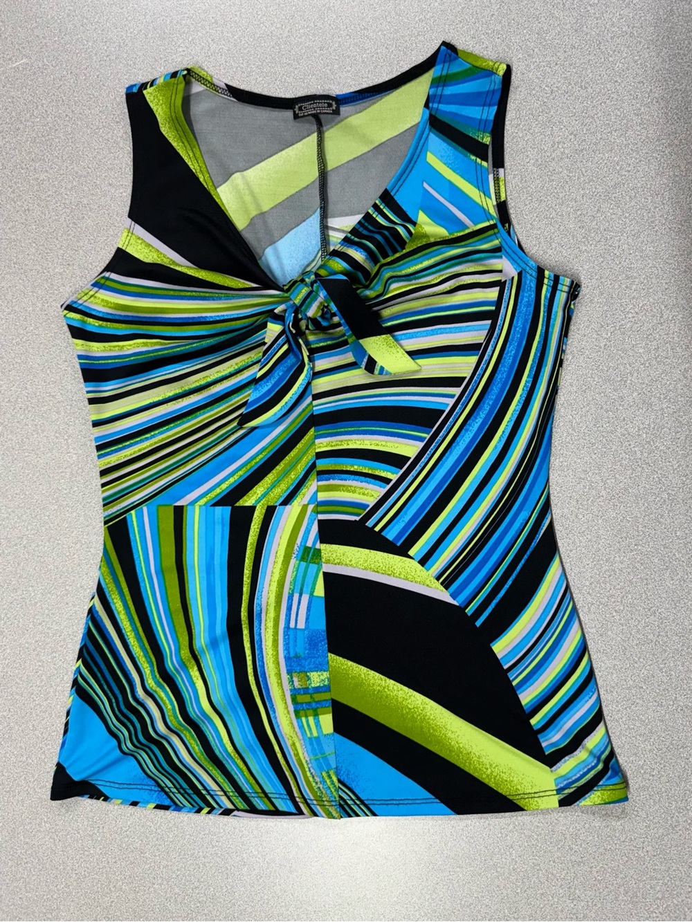 Clientele Abstract Striped Print Tie Front Blue Green Black Sleeveless Tank Top
